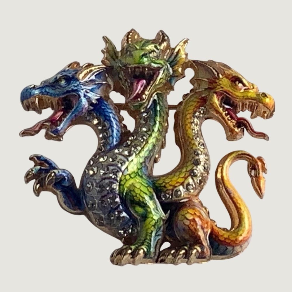 Three Headed Dragon Brooch Enamel Rhinestone Gold Tone Fantasy Pin 2 Inch